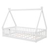 Twin Tent-shaped Floor Bed, with Guardrails, Slats, Door ,White