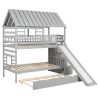 Twin over Twin House Bunk Bed with Trundle and Slide, Storage Staircase, Roof and Window Design, Gray(Old SKU: GX000931AAE)