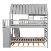 Twin over Twin House Bunk Bed with Trundle and Slide, Storage Staircase, Roof and Window Design, Gray(Old SKU: GX000931AAE)